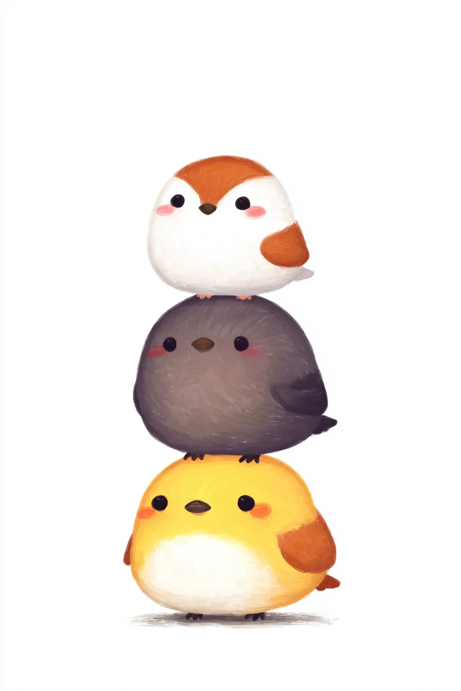 かわいい縦三段の小鳥｜「かわいい縦三段の小鳥」は三種三様のカラフルな小鳥たちが重なる楽しい構図で、手描き風の筆致が親しみを生んでいます。落ち着いた色使いと愛らしい目元が、心をほっこりとさせるデザインです。