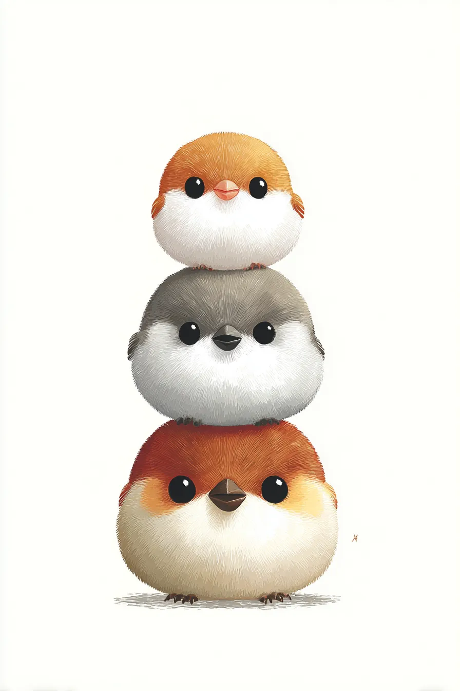 かわいい縦三段の文鳥｜ツヤ感ある毛並みとくっきりした線で描かれた「かわいい縦三段の文鳥」。デフォルメされた姿ながらも、写実的な羽毛表現により上品な印象を持たせ、愛らしさの中にしっかりとした存在感があります。