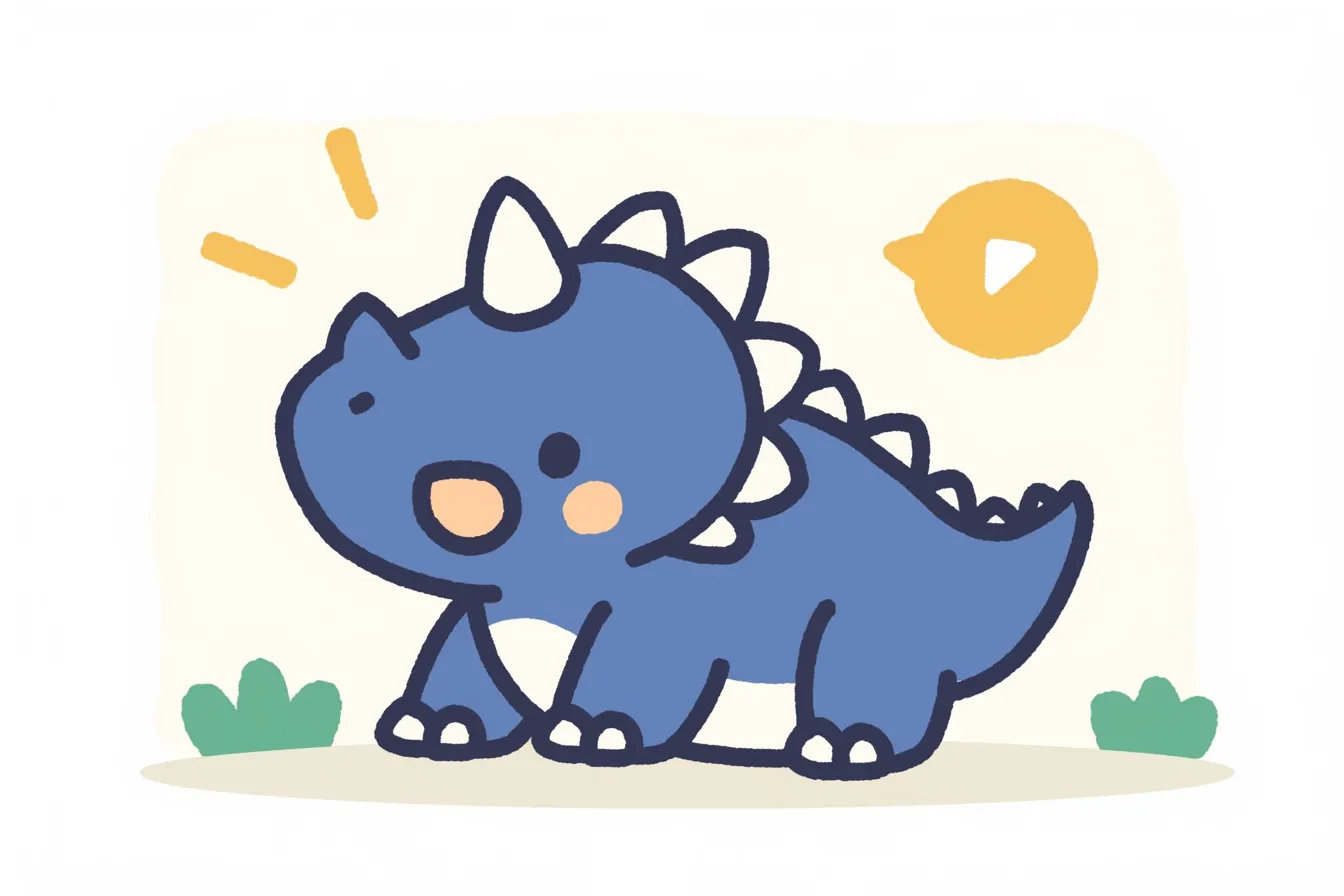 小さな青いトリケラトプス｜ミニチュア風のかわいいトリケラトプスが描かれたイラスト。デフォルメされた形と、優しい表情が愛らしい。シンプルな背景がキャラクターを引き立て、親しみやすさを強調している。