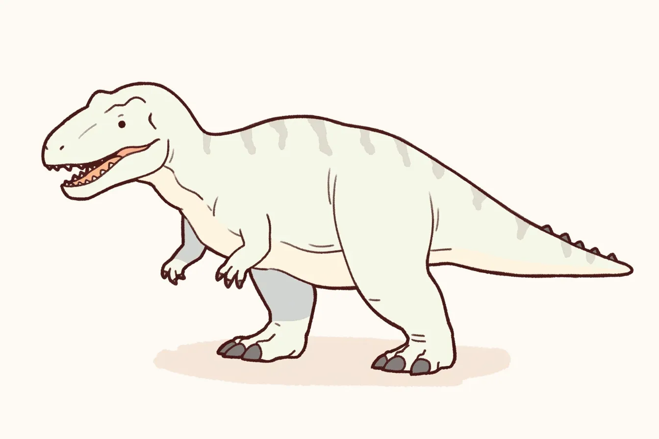 かわいいティラノサウルスのシンプルデザイン｜すっきりとした線とシンプルな色使いで、リアルさを抑えつつも恐竜らしさを残したデザイン。控えめな表情が優しげで、親しみやすい雰囲気を醸し出している。かわいいティラノサウルスを落ち着いたトーンで表現した一枚。