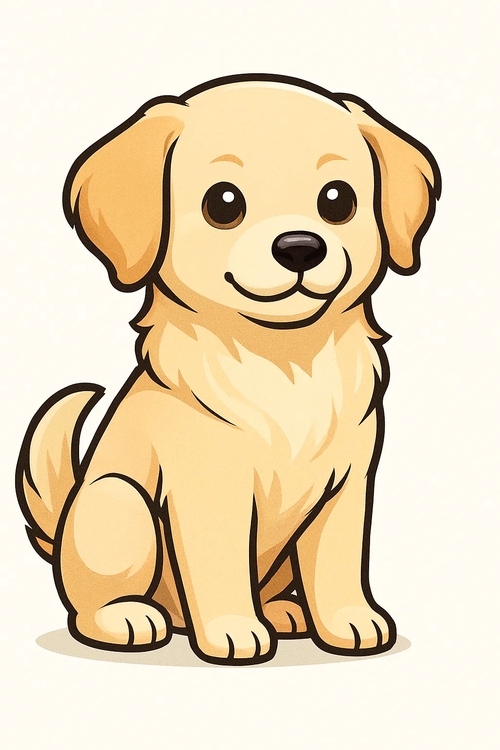 かわいいベクタースタイルの子犬｜ふんわりした毛並みとつぶらな瞳が印象的な子犬のベクターイラストです。やわらかいクリーム色をベースに、耳や足先の濃淡で立体感を表現。前足をそろえてお座りしたポーズが愛らしく、優しい目線で見つめています。