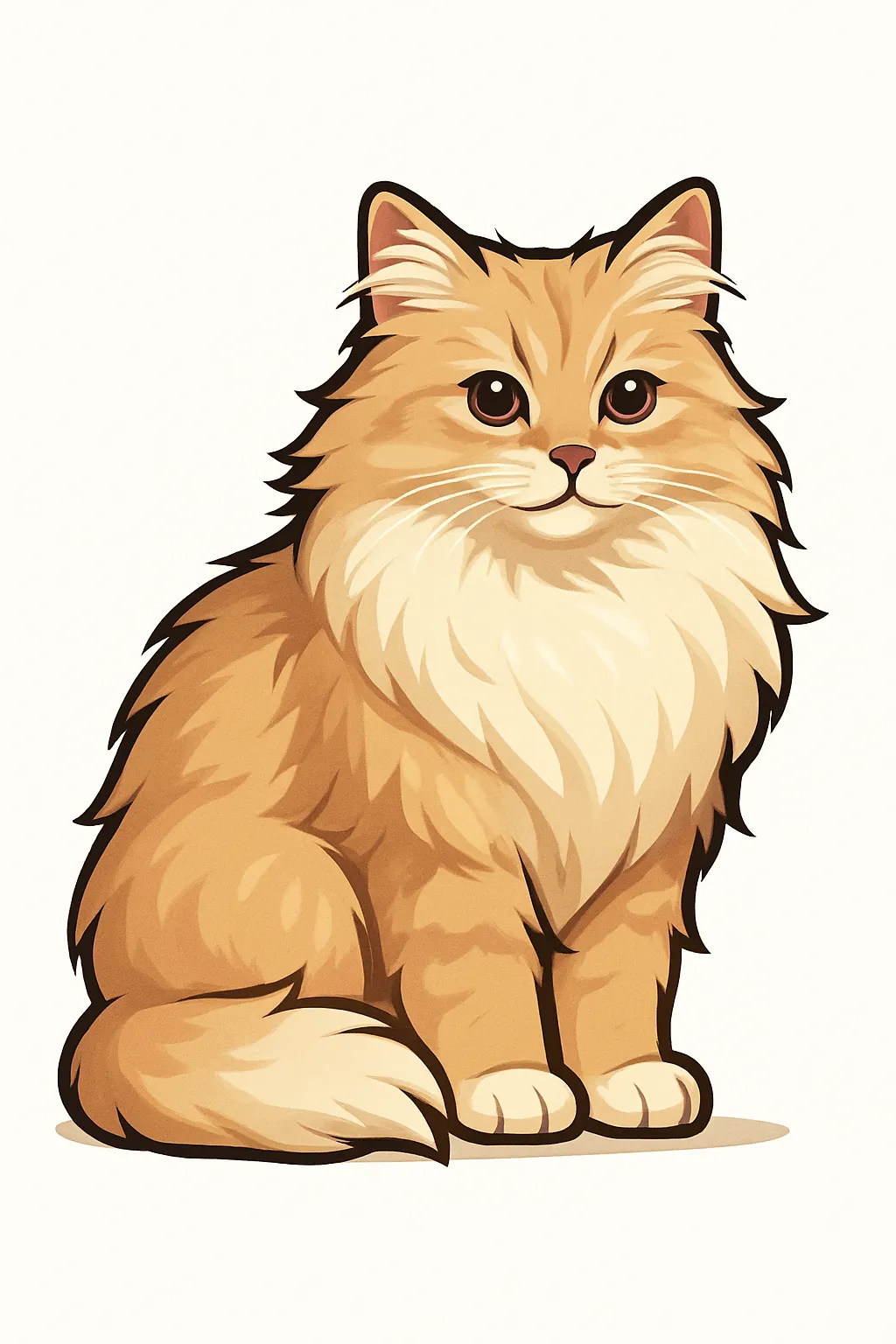 かわいいベクタースタイルのもふもふ猫｜ふんわり厚みのある毛並みが印象的なもふもふ猫を、ベクターらしい柔らかなラインで立体感たっぷりに描きました。長毛種の魅力が際立つボリュームと、落ち着いた表情が愛されポイントです。