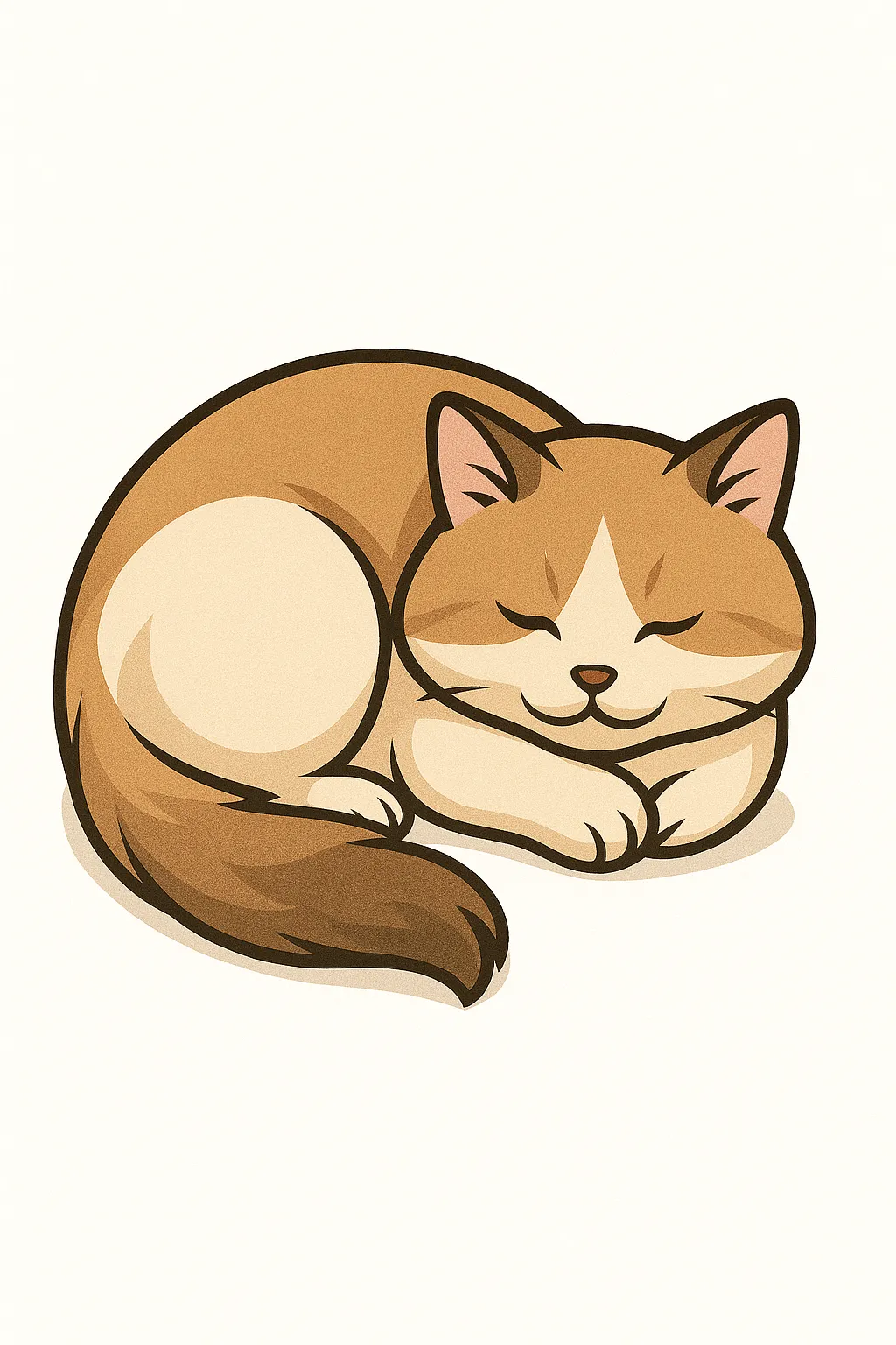 かわいいベクタースタイルの寝る猫｜丸くなって気持ちよさそうに眠る猫を、やさしい曲線とふんわりした塗りで表現しました。お腹やしっぽのボリューム感、静かな表情が安心感と癒しを与えてくれます。