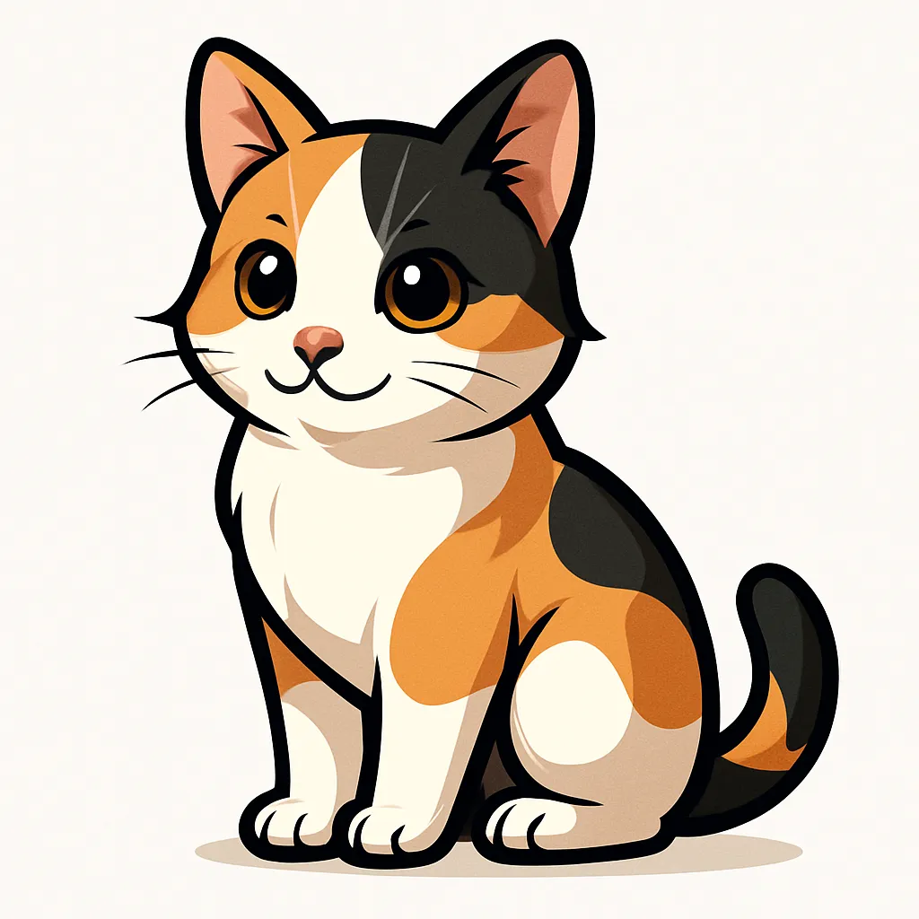 かわいいベクタースタイルの三毛猫｜茶・黒・白の三色模様が特徴的な三毛猫を、バランスよく配色しながらベクターらしい滑らかさで描きました。小柄で丸みのあるフォルムに、活発さと甘えんぼうな可愛らしさを詰め込んだ一枚です。