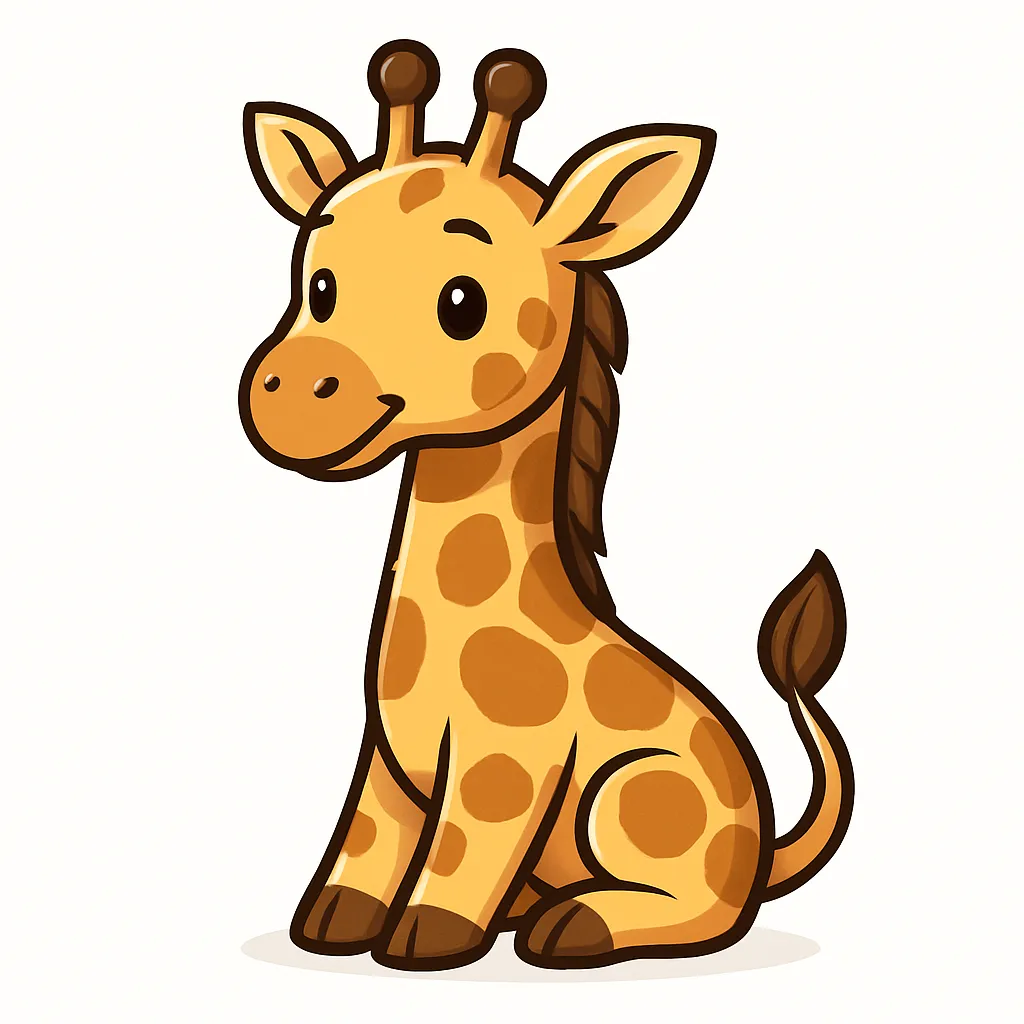 かわいいベクタースタイルのキリン｜長い首と特徴的な模様を持つキリンを、明るい黄色系のカラーで親しみやすく描きました。スマートなシルエットながら、全体はかわいらしい印象になるよう調整しています。