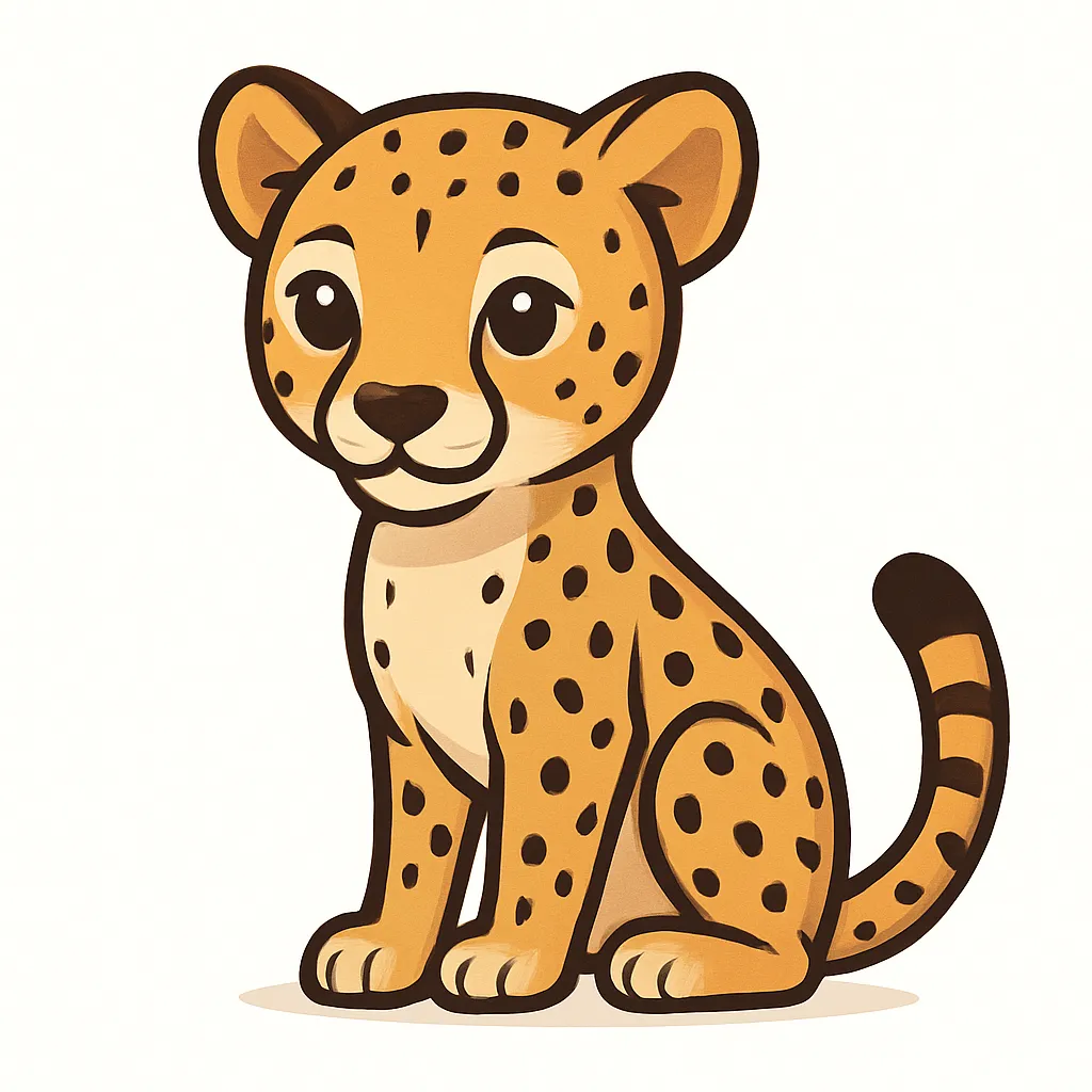 かわいいベクタースタイルのチーター｜スリムな体型と小さな斑点模様のチーターを、明るい色調と丸みのあるフォルムで柔らかく描きました。俊敏さを感じさせつつ、安心感のある雰囲気にしています。
