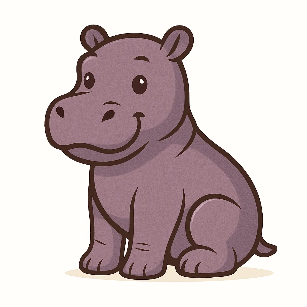 かわいいベクタースタイルのカバ｜大きな口とずんぐりとした体のカバを、灰紫系のやさしい色合いで愛嬌のある姿にデザイン。重さの印象を保ちつつ、フレンドリーな存在感を持たせました。