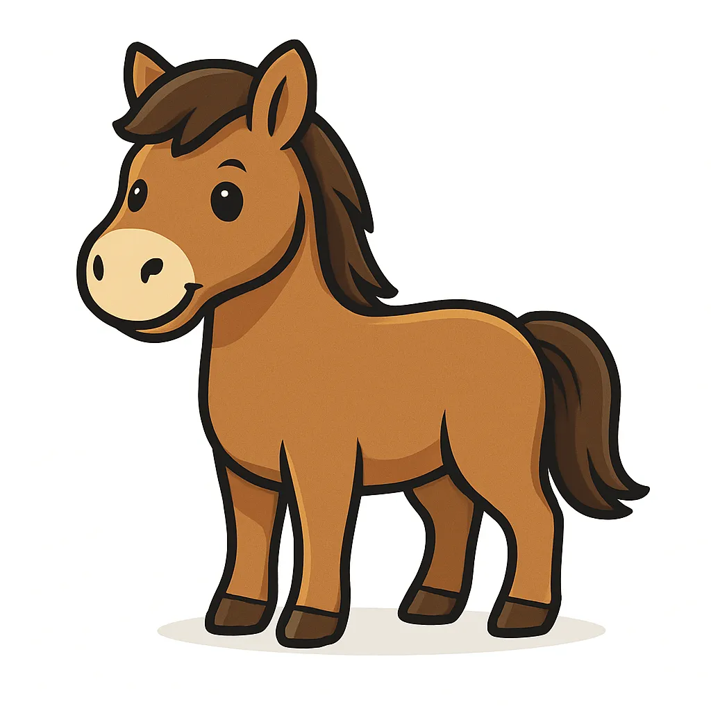 かわいいベクタースタイルのウマ｜すらりとした体とたてがみを持つ馬を、落ち着いた茶色系で上品に表現。やわらかな目元と自然な立ち姿で、優しさと動きのある印象を与えます。