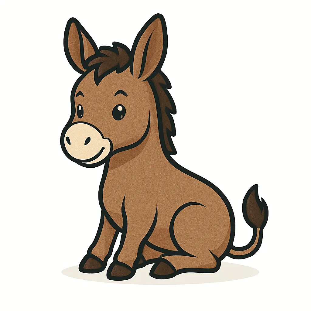 かわいいベクタースタイルのロバ｜耳が長くて愛嬌のあるロバを、ふんわりとしたベクター調で親しみやすく表現。灰色のボディとやさしい表情が印象的で、農場や動物園のモチーフにもぴったりです。
