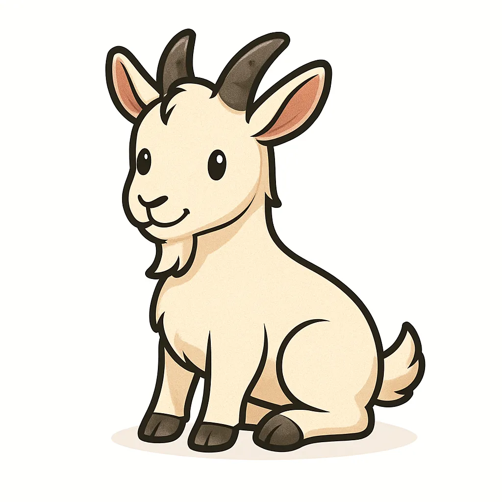 かわいいベクタースタイルのやぎ｜ツノとひげが特徴的なやぎを、ベクターらしいすっきりとした線で表現。しっかりとした脚と、穏やかな目つきが印象的で、牧場や干支素材にも向いています。