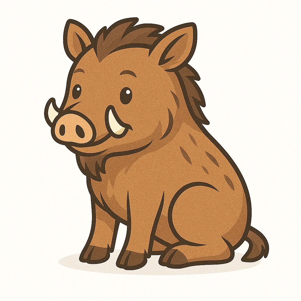 かわいいベクタースタイルのいのしし｜つぶらな瞳と小さな牙が愛らしいいのしし。茶色の毛並みにストライプを加え、干支や森の動物シリーズに活用しやすい、シンプルかつ特徴的なデザインです。