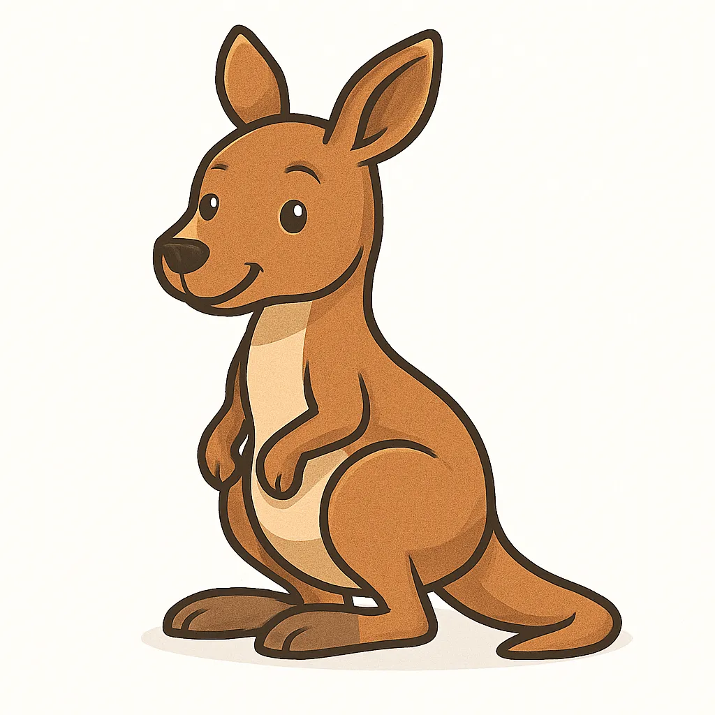 かわいいベクタースタイルのカンガルー｜ポケットが可愛いカンガルーを、やわらかな茶色で優しく描写。跳ねる姿をイメージしやすい立ちポーズで、オーストラリアの動物紹介にも最適です。