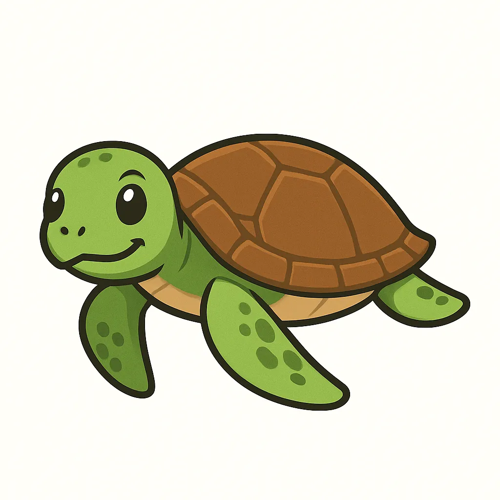 かわいいベクタースタイルのウミガメ｜スムーズな曲線で描かれたシルエットに、落ち着いた茶色の甲羅が映えるデザイン。かわいいベクタースタイルのウミガメは、泳ぐ姿に軽やかさと清涼感があり、やさしい雰囲気を演出します。