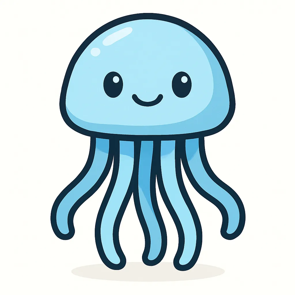 かわいいベクタースタイルのクラゲ｜透明感のあるライトブルーとやわらかなシルエットで描かれた、かわいいベクタースタイルのクラゲ。丸い頭とゆらゆらした足のラインが優しく、幻想的で心地よい雰囲気がただよいます。