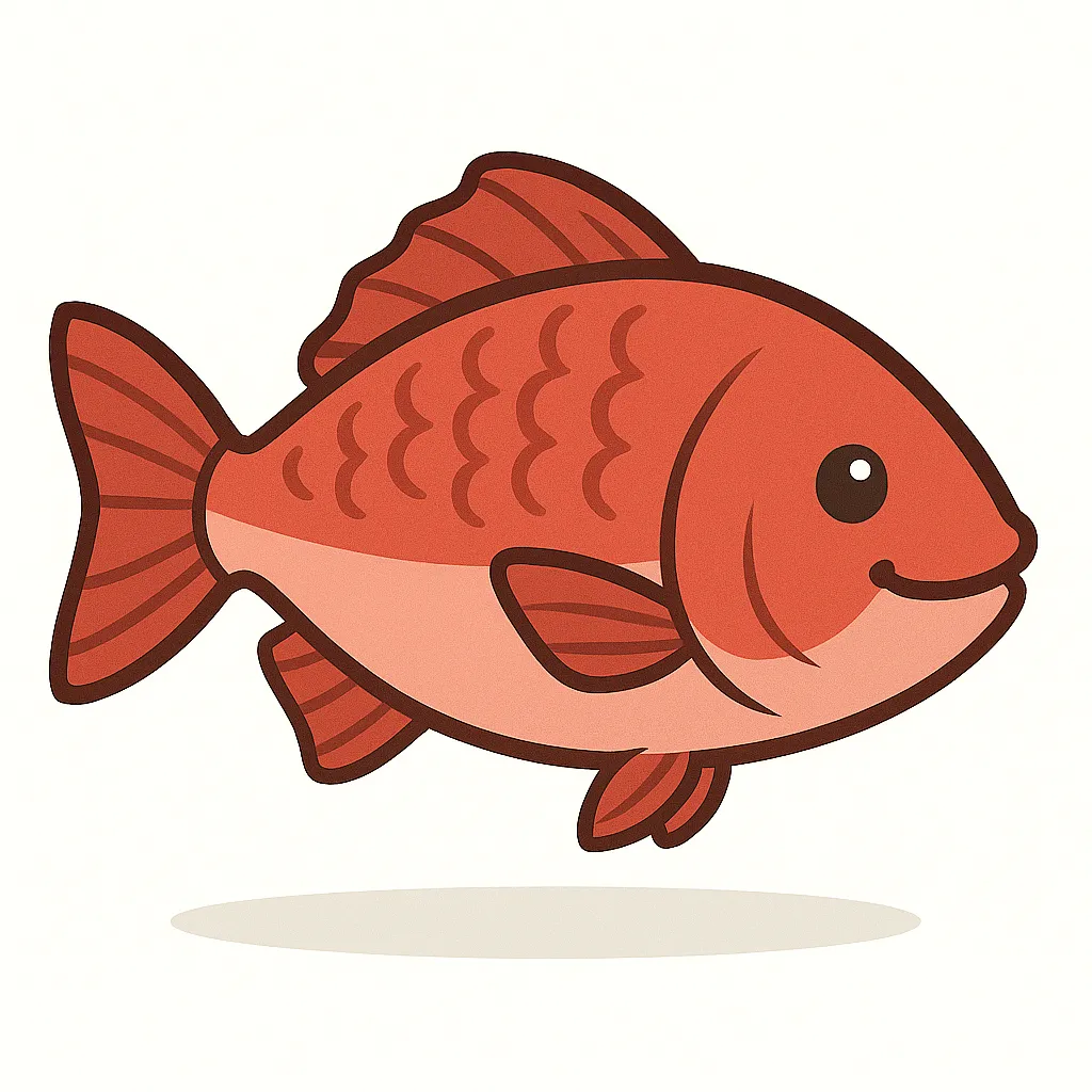 かわいいベクタースタイルのタイ｜ふっくらとした体と大きなひれ、鮮やかな赤みのある体色が特徴的な鯛を、明るく縁起のよい雰囲気で描きました。お祝い事や和風のデザインにぴったりで、季節イベントのポスターや魚図鑑にも適した使いやすい1枚です。