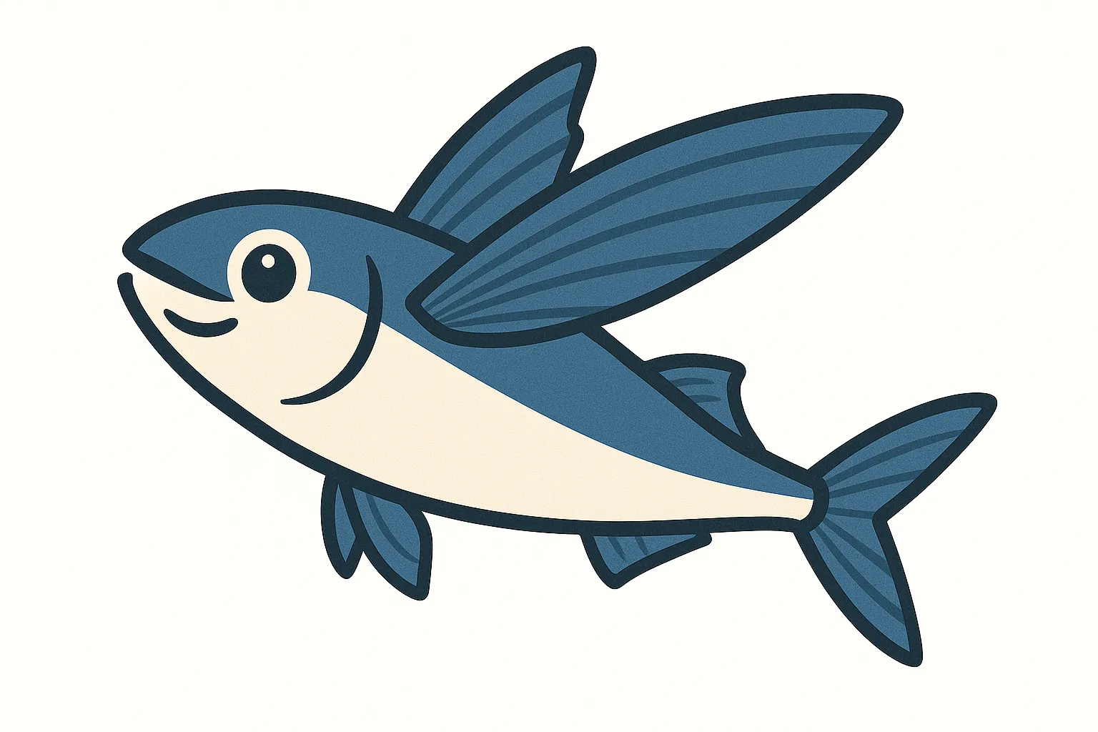 かわいいベクタースタイルのトビウオ｜長く伸びた胸びれを大きく広げた飛び魚を、軽やかに跳ねる姿で描きました。流線型の体と翼のようなひれが美しく、海の躍動感や季節感を伝える場面にぴったり。学習図鑑や夏の素材としても活用できます。
