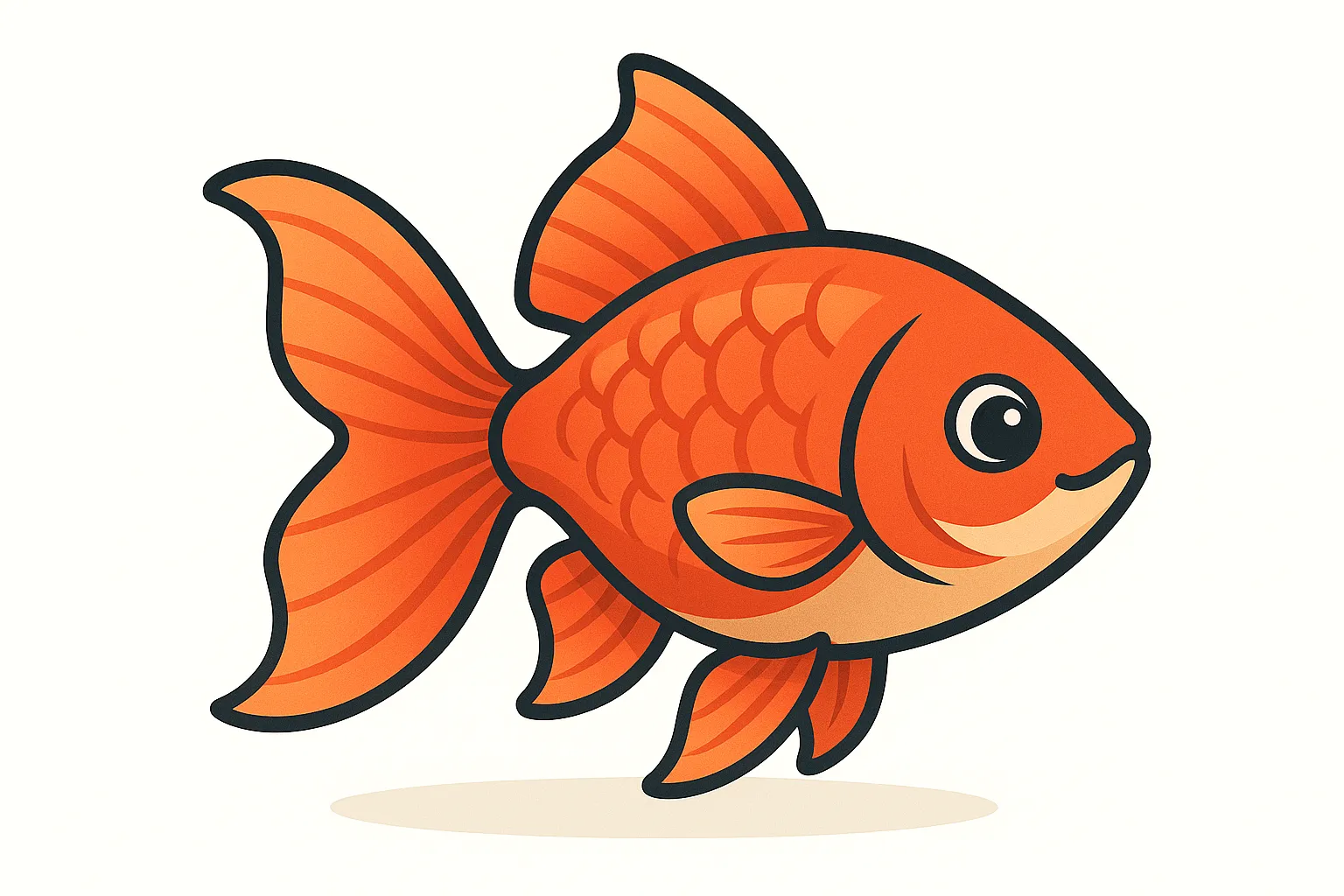 かわいいベクタースタイルの金魚｜ふんわり広がる尾びれと丸い体を特徴的に描いた金魚のイラストです。赤と白のコントラストが美しく、お祭りや季節素材、和風のデザインにもぴったり。親しみやすい表情で子ども向け教材にも最適です。
