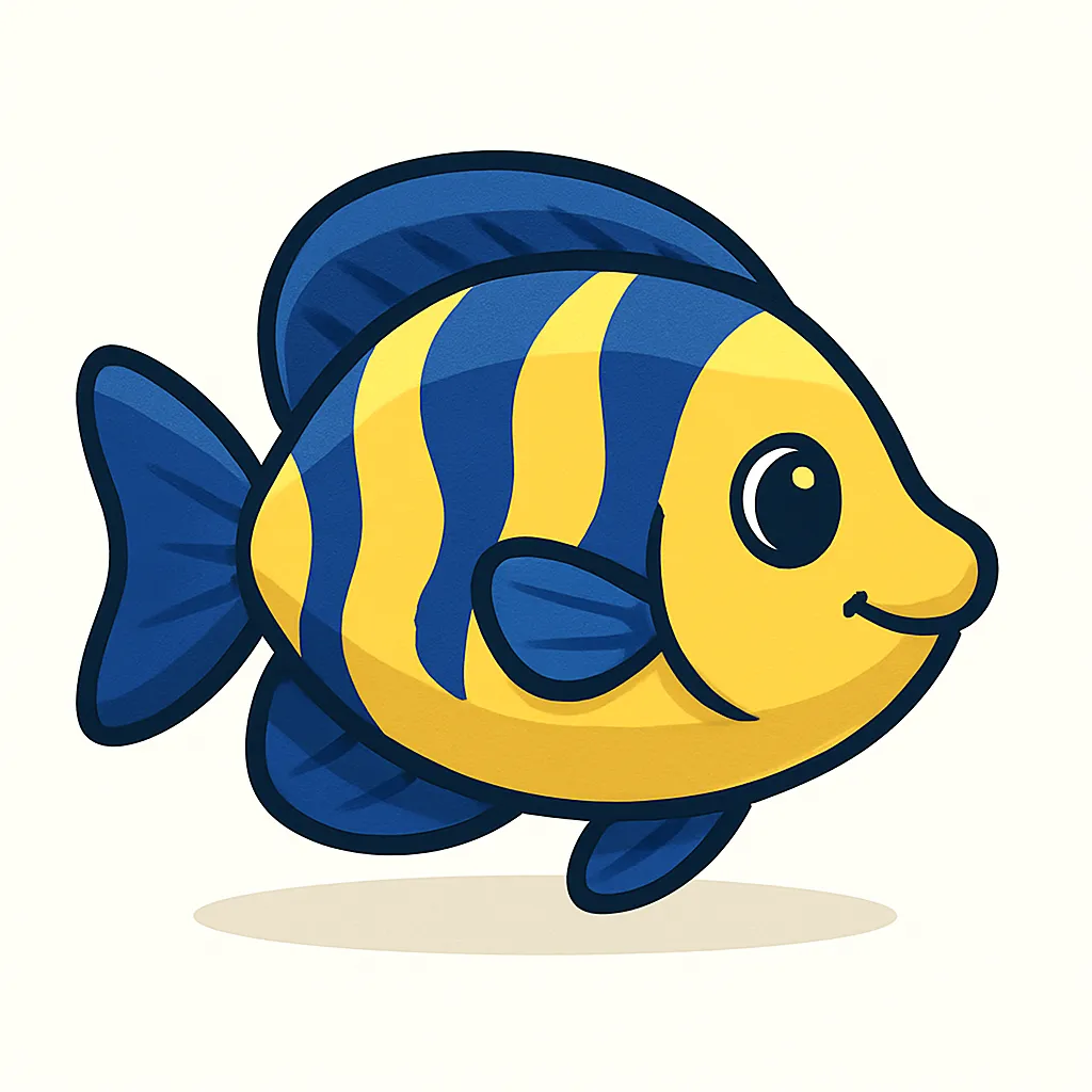 かわいいベクタースタイルの熱帯魚｜鮮やかな色彩と丸みのあるフォルムが目を引く熱帯魚を、ポップで親しみやすいスタイルで描きました。色や模様のバリエーションも豊かで、水族館紹介・アクアリウム素材・学習図鑑などに最適な一枚です。