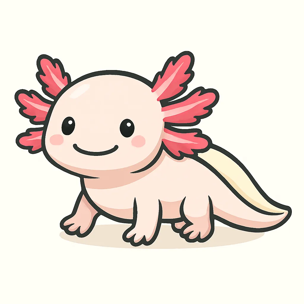 かわいいベクタースタイルのウーパールーパー｜ふんわりした体と外に広がったエラが特徴的なウーパールーパーを、にっこりとした表情でかわいらしく描きました。ピンク色を基調としたやさしい配色で、両生類の紹介や癒し系素材、教育ポスターなどに最適です。