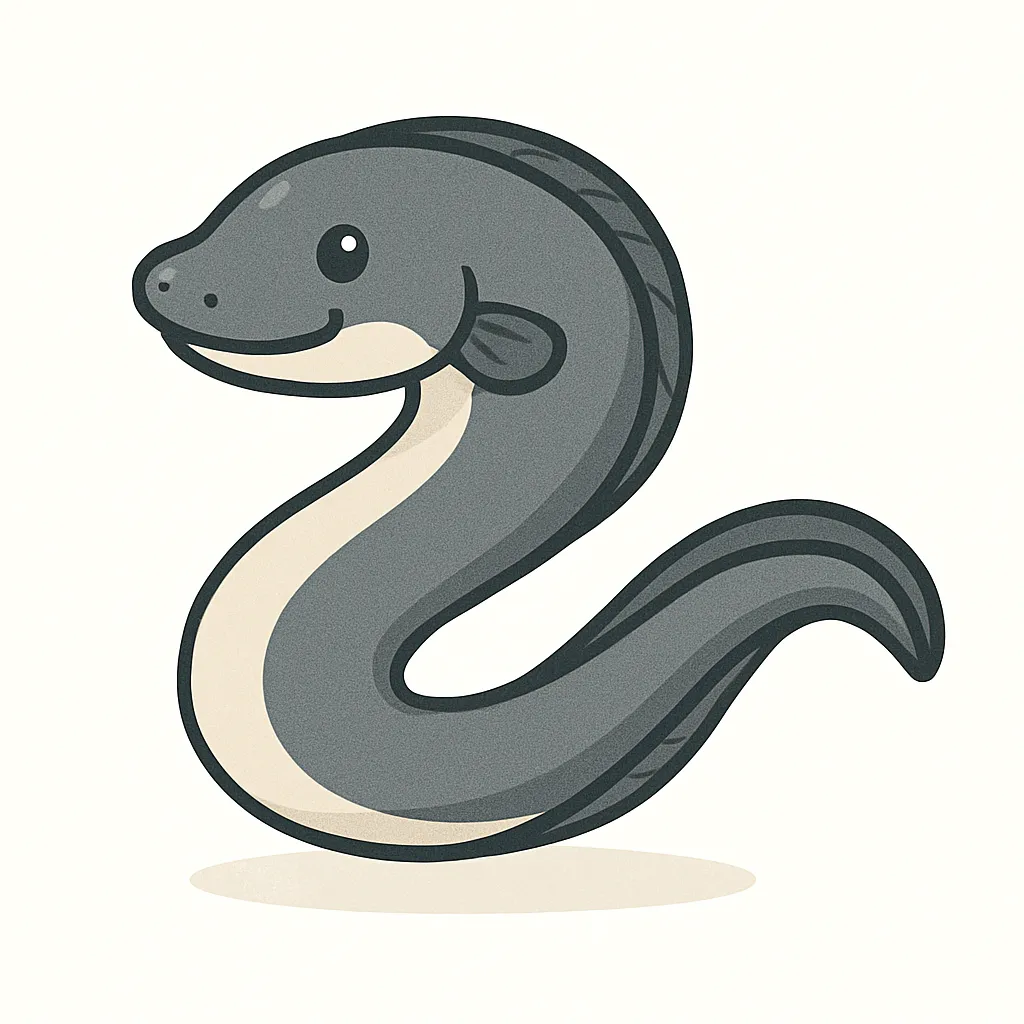 かわいいベクタースタイルのウナギ｜細長い体とつるっとした質感を持つウナギを、やさしい表情とシンプルな線で描きました。夜行性の川魚らしさを残しつつ、食育・生態教材・夏の風物詩のイラストなど、幅広い用途に対応可能です。