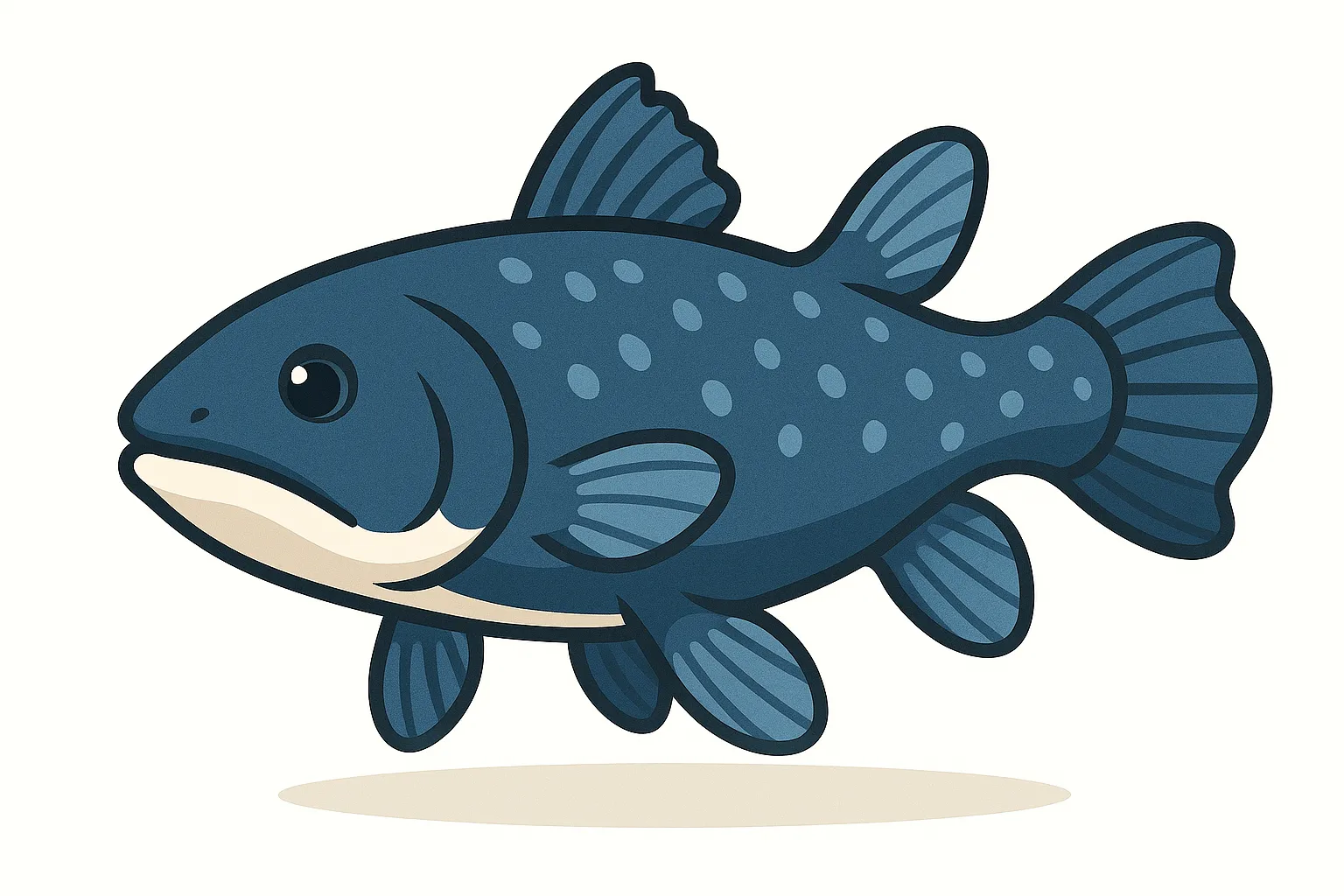 かわいいベクタースタイルのシーラカンス｜古代魚として知られるシーラカンスを、重厚感を残しつつ親しみやすい姿にアレンジしました。深い青色と独特のひれの形が印象的で、進化や海洋研究の教材、図鑑イラストなどにもぴったりです。