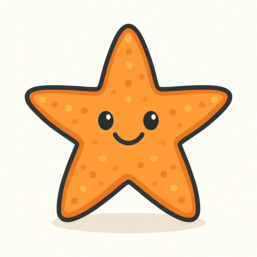 かわいいベクタースタイルのヒトデ｜五本の腕を持つヒトデを、対称的でやわらかなシルエットで描きました。明るいオレンジやピンク系の色合いが映え、海辺の素材や夏のイラスト、水族館・理科教材などにぴったりの元気なデザインです。