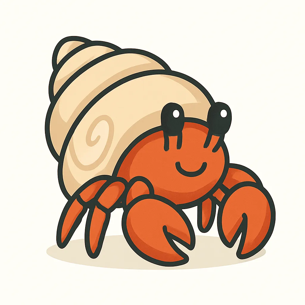 かわいいベクタースタイルのヤドカリ｜ぐるぐるとした貝殻を背負って歩くヤドカリを、大きな目と愛らしい足の動きで表現しました。磯の生き物や砂浜の仲間として、観察学習や夏の装飾、絵本の挿絵にも使いやすい、やさしい印象のイラストです。