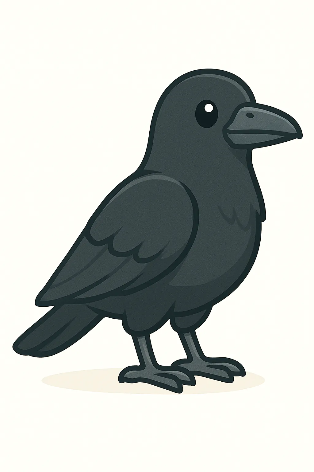 かわいいベクタースタイルのカラス｜つややかな黒い羽と知的な印象を持つカラスを、親しみやすくデフォルメして描きました。不気味になりすぎないよう表情に工夫を加え、野鳥教材や昔話の登場キャラなどにも活用できるデザインです。