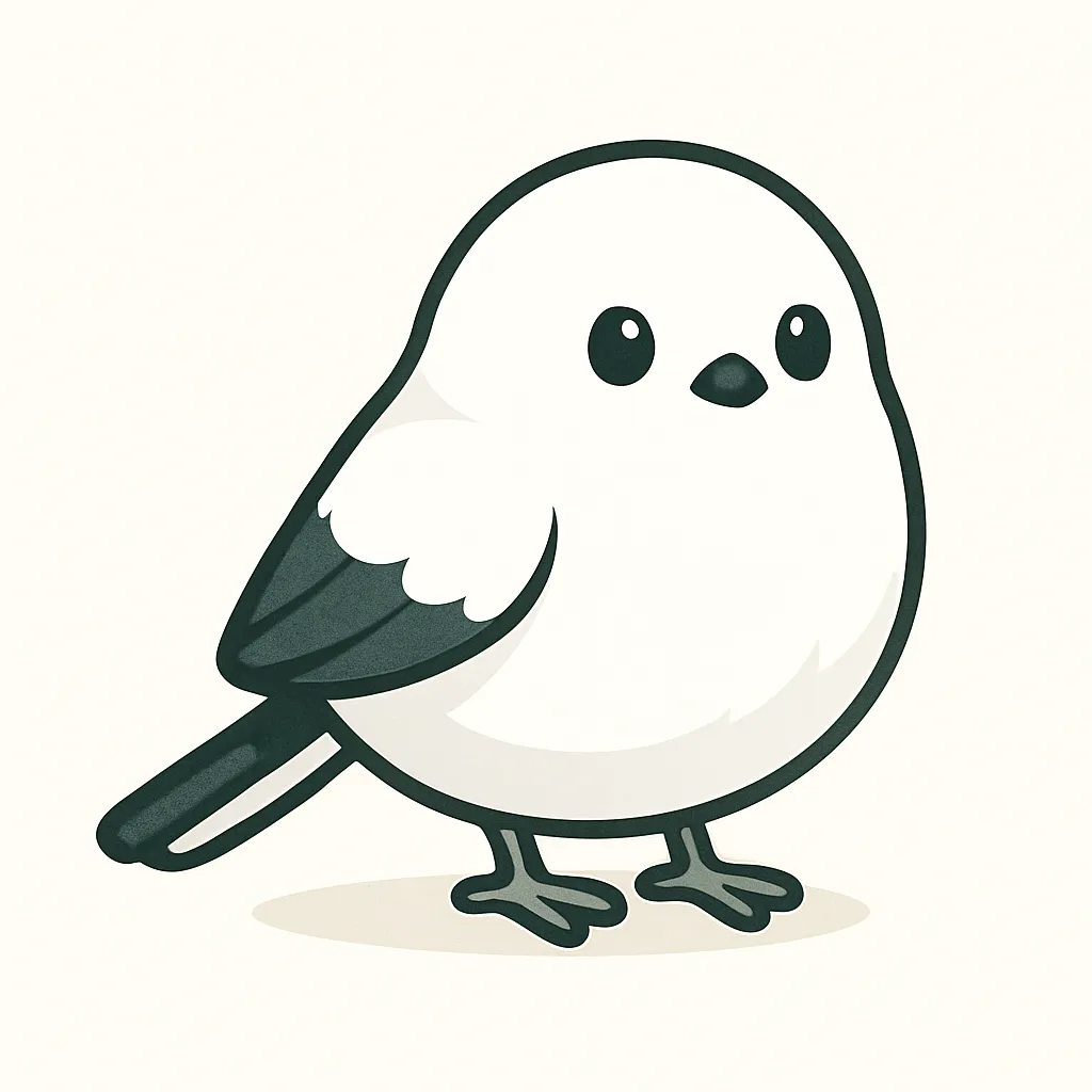 かわいいベクタースタイルのシマエナガ｜真っ白なふわふわボディと小さな丸い目が特徴のシマエナガを、雪の妖精らしい雰囲気を残して描きました。北海道の野鳥として人気があり、冬の装飾・絵本・癒し系素材としても活用できます。