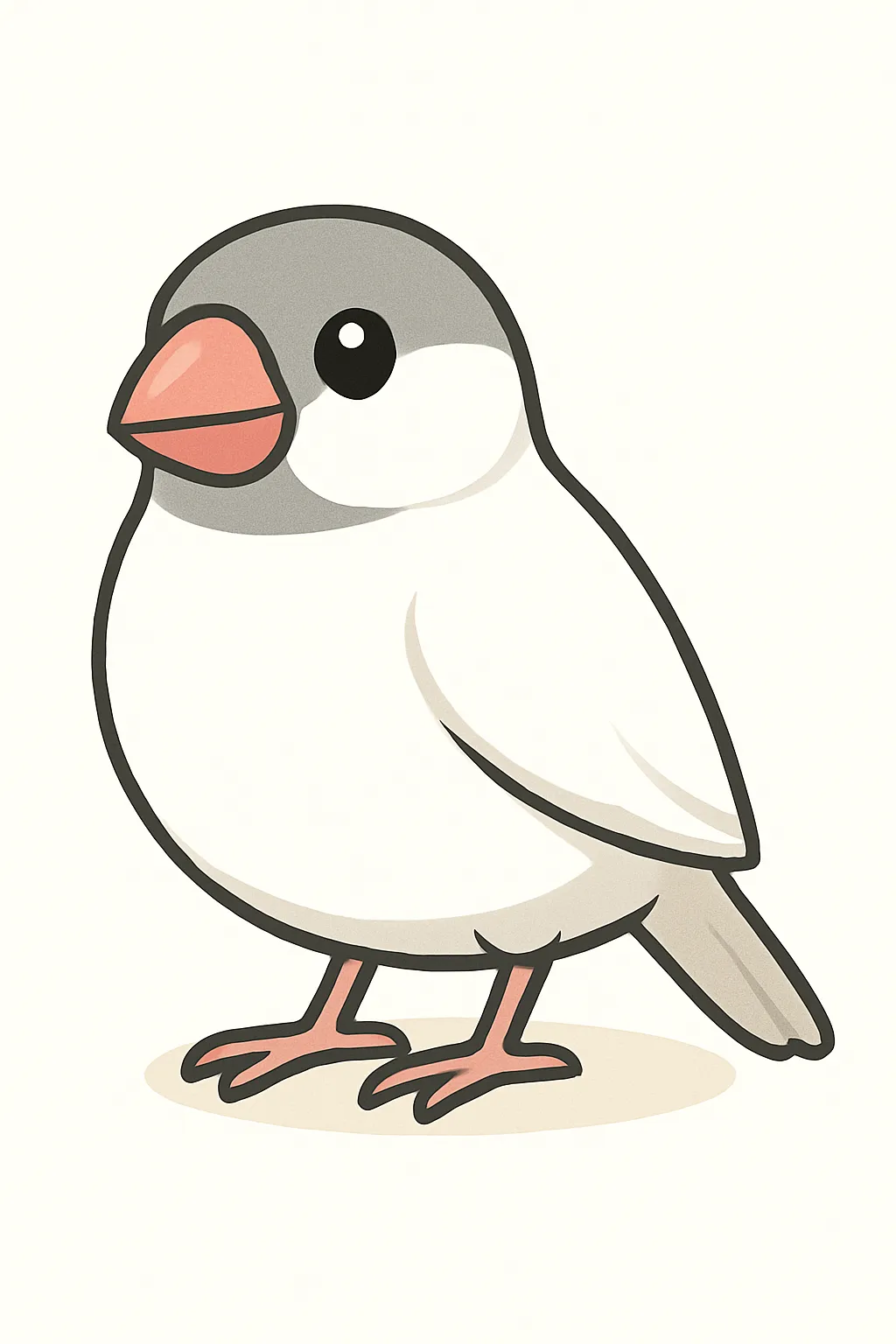 かわいいベクタースタイルの文鳥｜丸い体とつぶらな瞳が特徴の文鳥を、ほんのりピンクのくちばしと足で表現しました。白文鳥や桜文鳥をイメージさせる淡い色合いが上品で、ペット紹介や小鳥図鑑、やさしいタッチの作品にぴったりです。