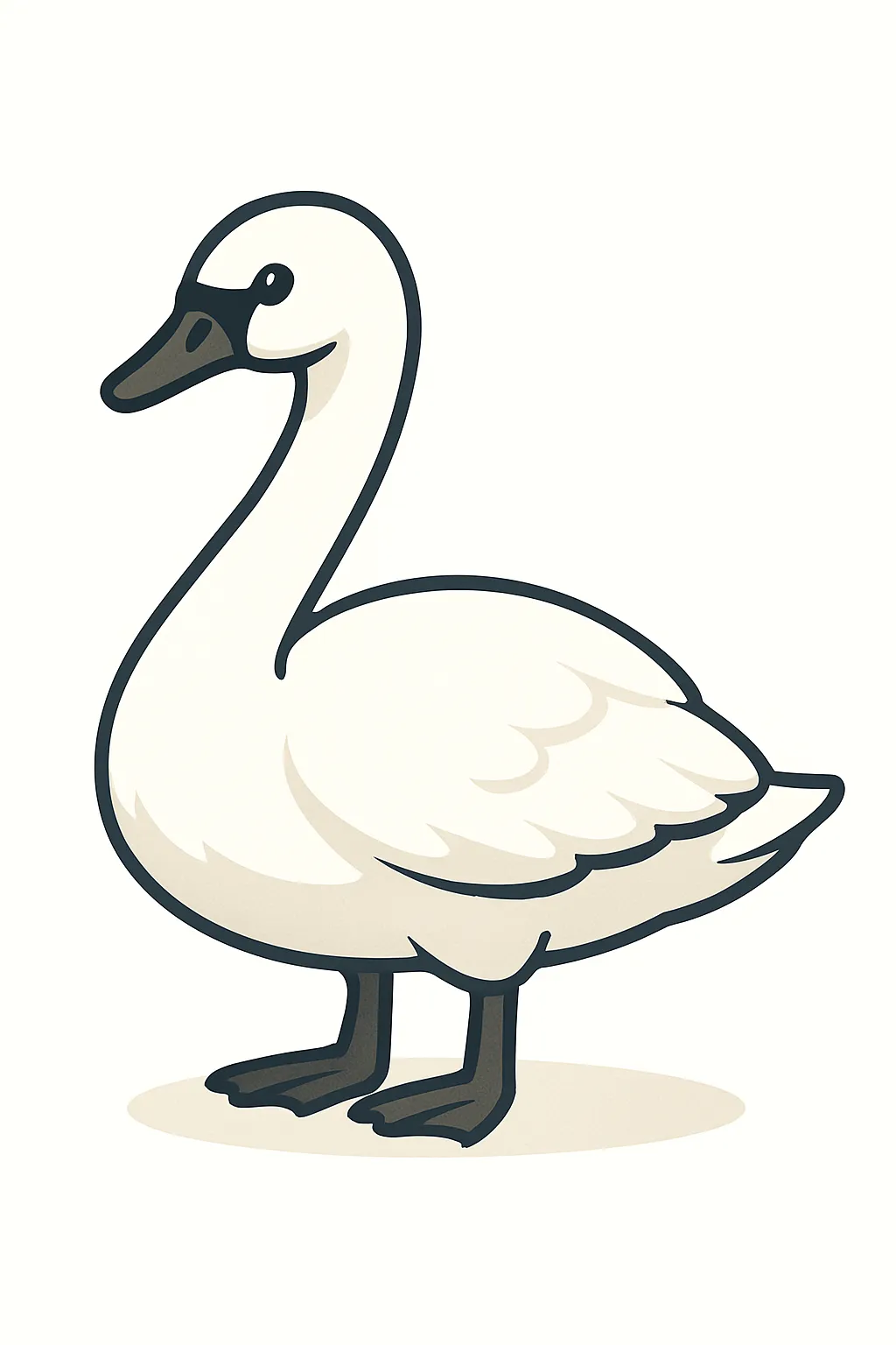 かわいいベクタースタイルの白鳥｜長い首と真っ白な羽を持つ白鳥を、やさしく上品な雰囲気で描きました。水辺の優雅な姿が印象的で、自然や平和の象徴として、教材・絵本・四季の装飾などに幅広く活用できるデザインです。