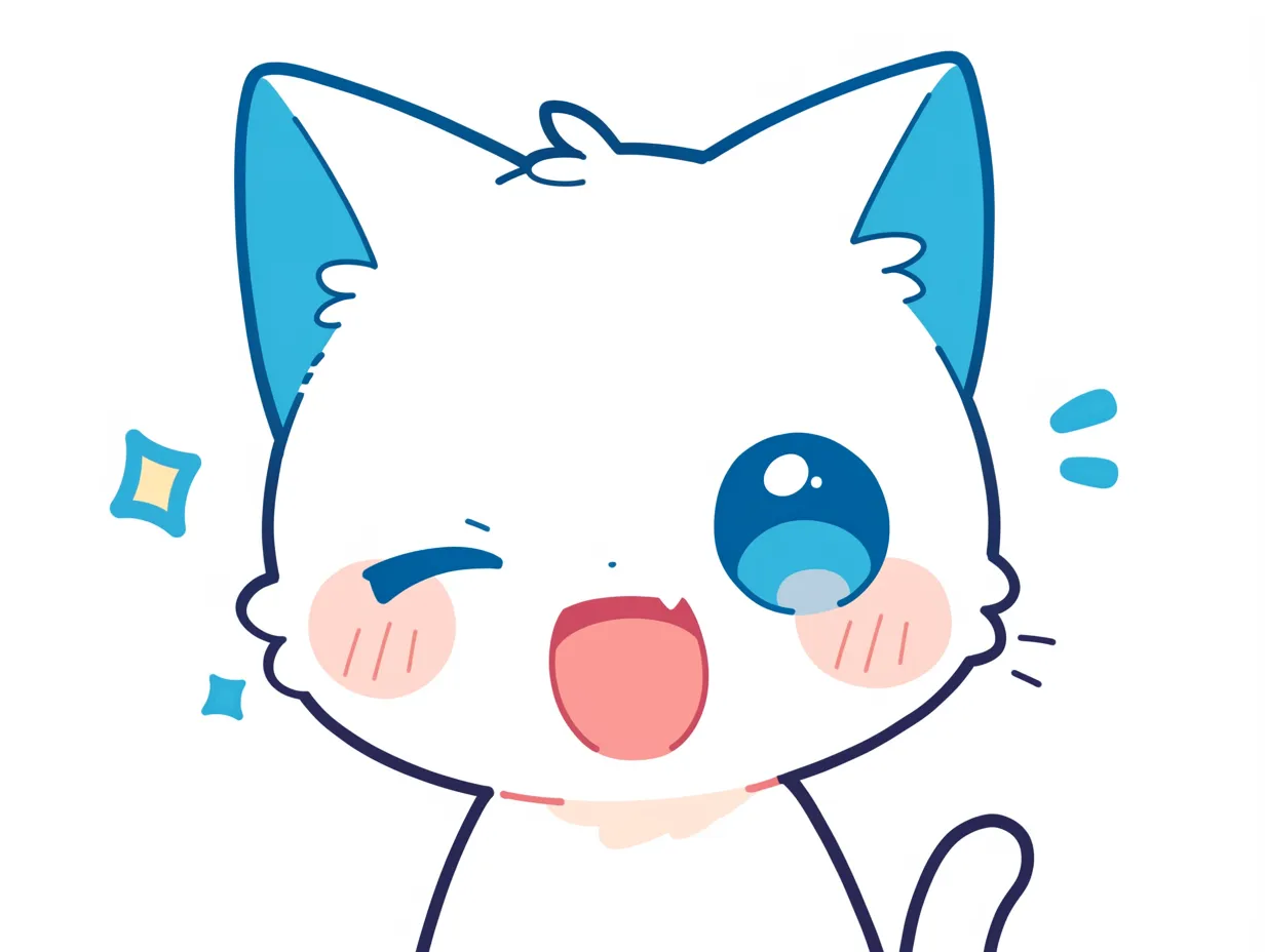 かわいいウインクの青耳ネコ｜大きな青い耳が特徴的なネコが元気いっぱいにウインクするイラスト。鮮やかな色使いとシンプルなデフォルメが、かわいいウインクをさらに魅力的にしている。