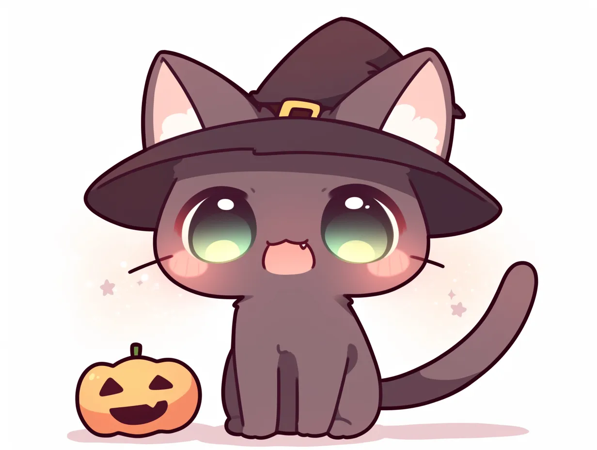 ハロウィン猫｜ハロウィン猫は黒い魔女帽子をかぶり、まんまるな瞳でこちらを見上げている。ほのかに光る背景の星とジャックオーランタンが、幻想的で優しいハロウィンの夜を演出している。
