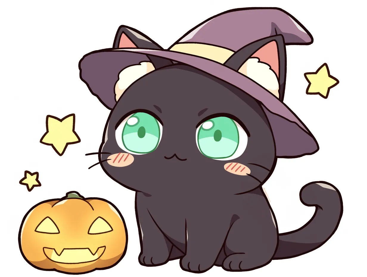 ハロウィン黒猫｜ハロウィン黒猫が紫の魔女帽子をかぶってキリッとした表情を見せる構図。鮮やかなグリーンの瞳が夜の雰囲気を演出し、星とカボチャで魔法のような可愛さを引き立てている。
