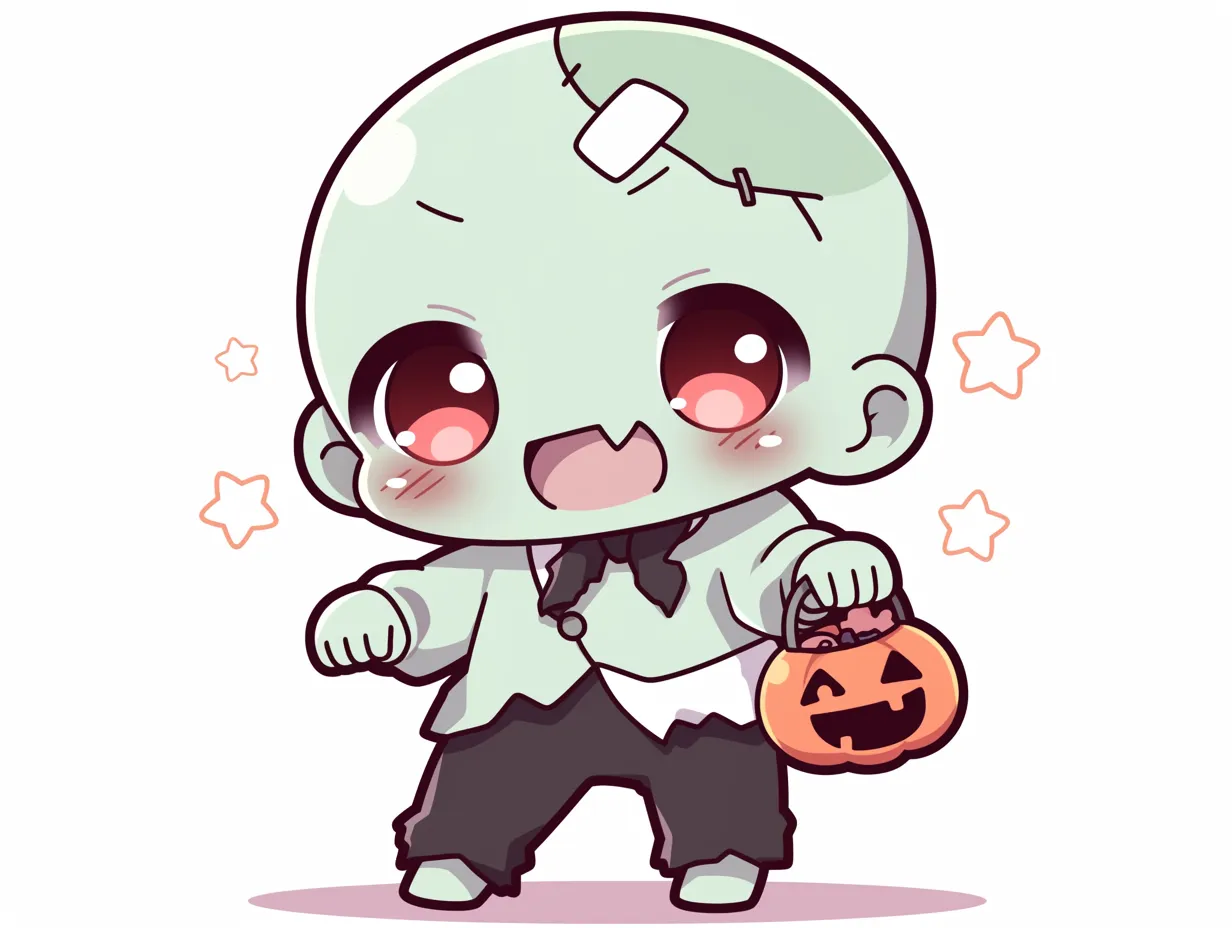 ハロウィンゾンビ｜チビキャラ化されたハロウィンゾンビが満面の笑みで登場。ジャックオーランタンのバケツを持ち、ピンクの頬と大きな瞳がホラー感を和らげ、親しみやすさを感じさせる仕上がり。