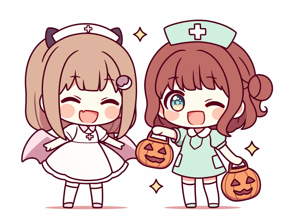 ハロウィンナース｜二人のハロウィンナースが笑顔でトリックオアトリート！角や翼を取り入れたアレンジ衣装と、満面の表情が賑やかで楽しい雰囲気を生み出している。かぼちゃバケツがアクセント。