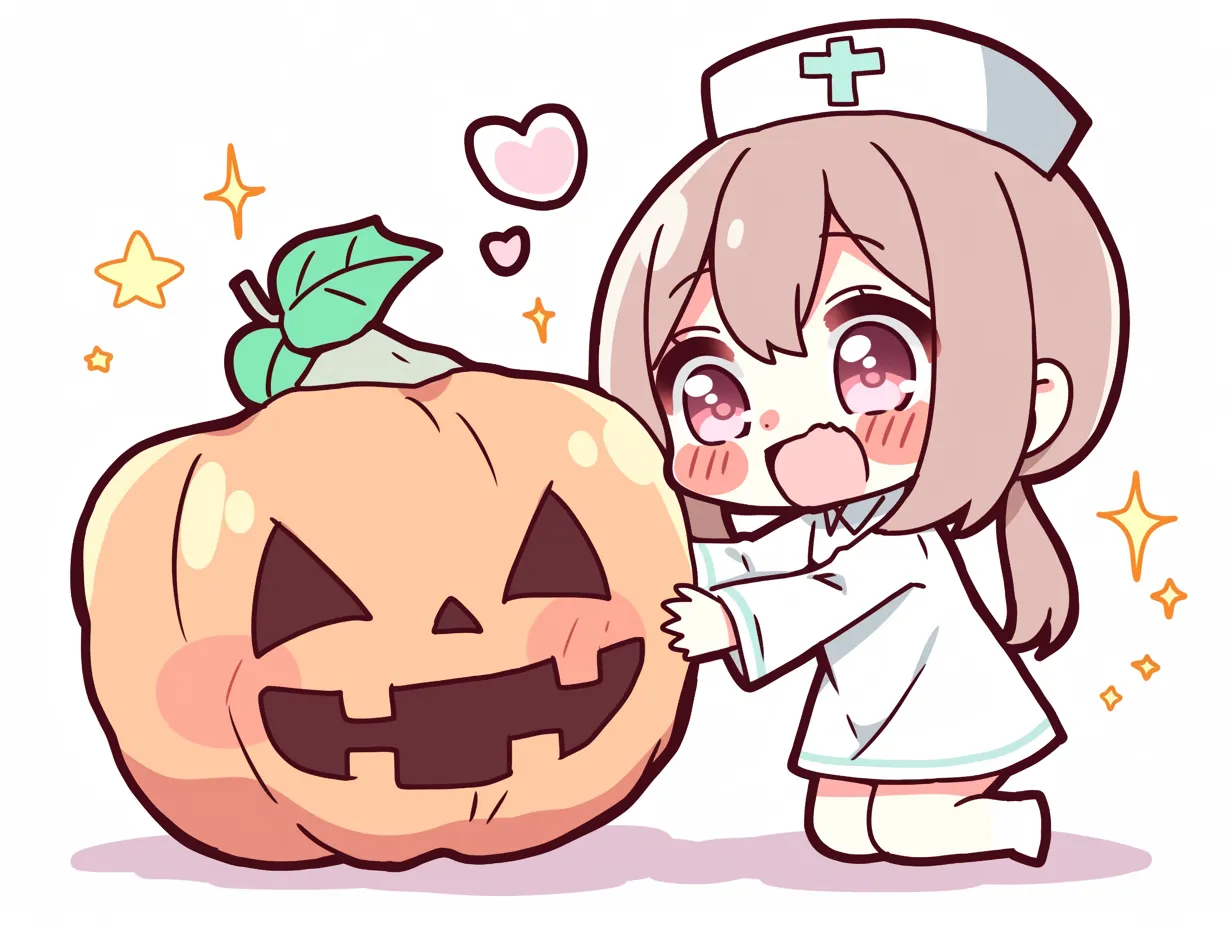 ハロウィンナース｜大きなジャックオーランタンに頬を寄せたハロウィンナースが、驚きと喜びの混ざった表情を見せる。星やハートがちりばめられ、全体に甘く優しいハロウィンムードが漂っている。