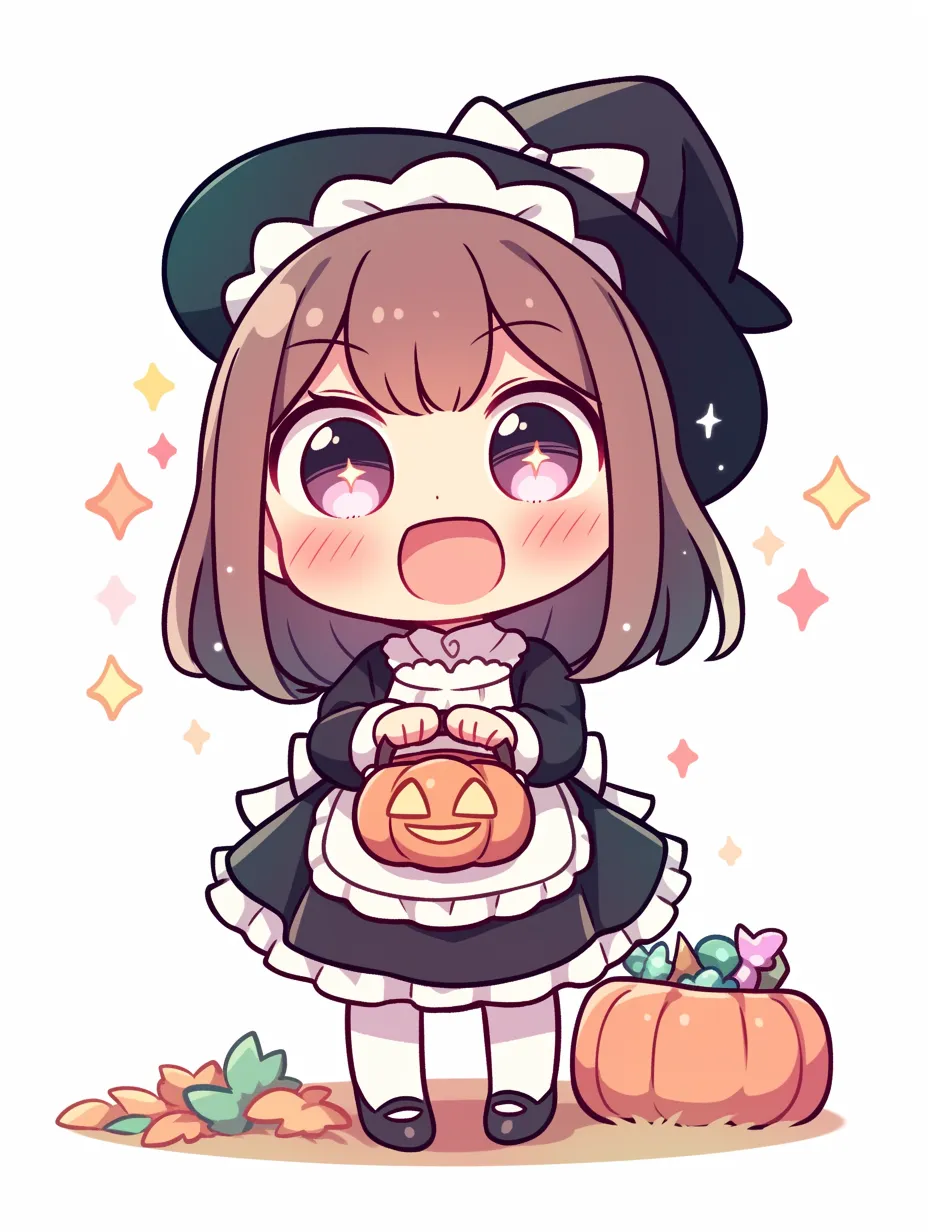 ハロウィンメイド｜ハロウィンメイドがジャックオーランタンを手に、満面の笑みでこちらを見つめている。黒と白のメイド服が季節感とクラシックさを両立し、背景の葉や飴が収穫祭の彩りを添えている。