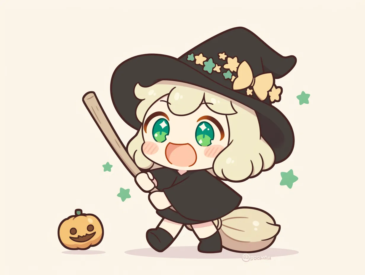 ハロウィン魔女｜ほうきを持って駆け出すハロウィン魔女は、星飾りの帽子ときらめく瞳が印象的。元気いっぱいな笑顔と動きのあるポーズが、魔法の始まりを感じさせるワクワク感を描き出している。
