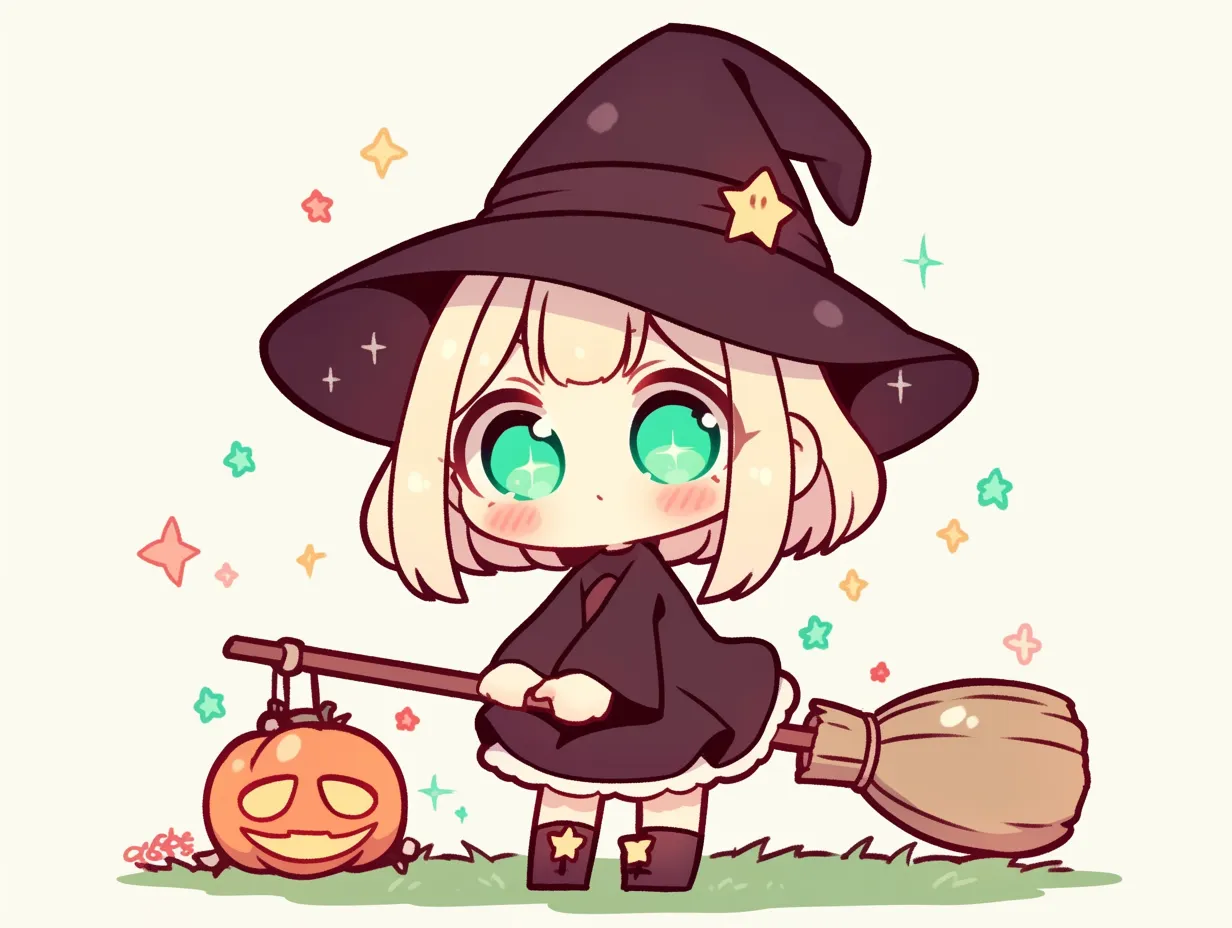ハロウィン魔女｜ほうきにかぼちゃを吊るしたハロウィン魔女が、夜空を見上げるようなポーズで佇む。キラキラの瞳と星を散らした構図が、静かな魔法の夜を幻想的に演出しているのが特徴。
