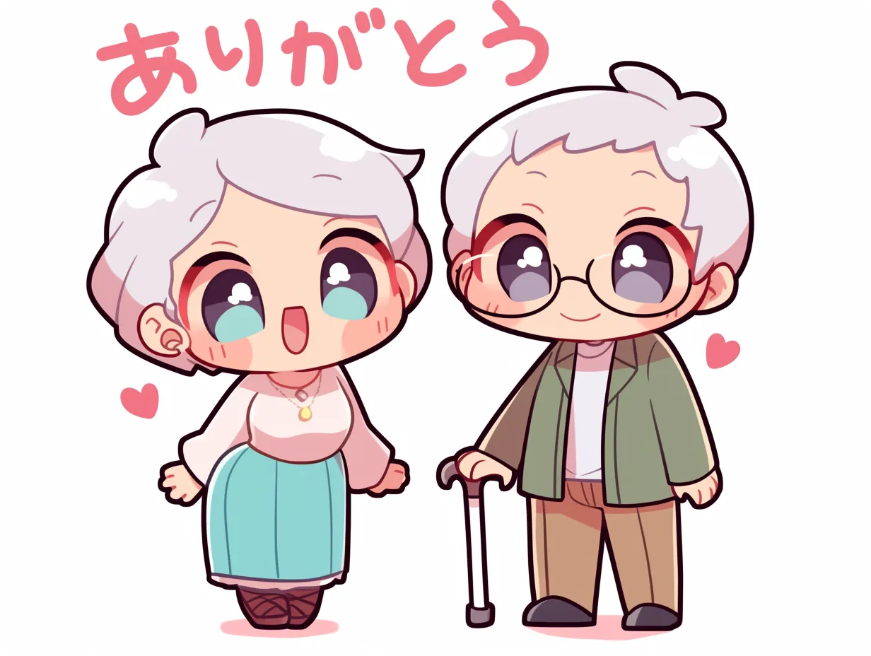 かわいい敬老の日｜「ありがとう」の言葉とともに描かれた祖父母の姿が、敬老の日のあたたかさを表現。ふんわりした色合いと大きな瞳が、感謝の気持ちを優しく包み込んでいる。