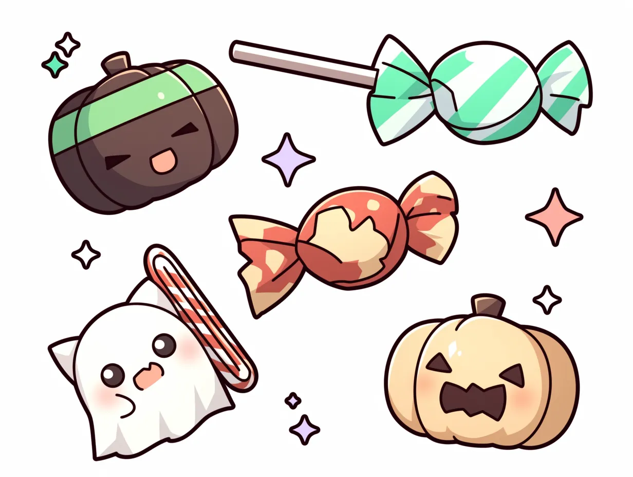 かわいいハロウィン｜おばけやカボチャ、キャンディたちが笑顔で集合。パステル調の色合いとチビキャラ風のデフォルメが、怖さを感じさせないポップで愛らしいハロウィンの空気を演出している。