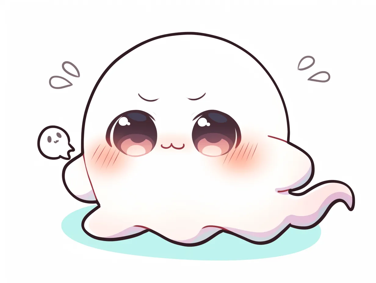 ハロウィンおばけ｜丸みのある形とふわふわの質感が特徴のハロウィンおばけ。ちいさな仲間と一緒に、驚いたような顔でこちらを見る表情が、可愛さとコミカルさを絶妙に表している。