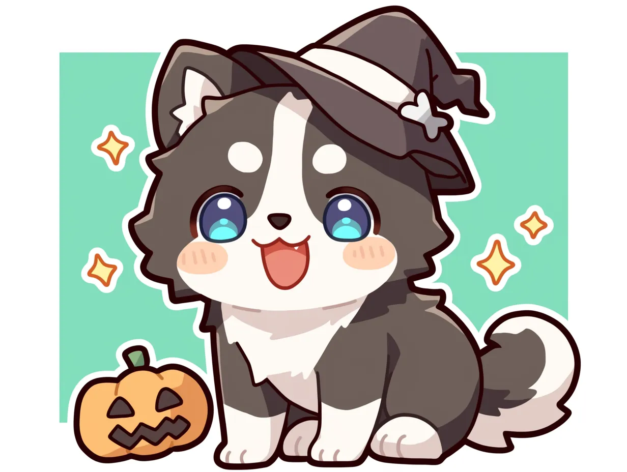ハロウィン犬｜魔女帽子をかぶったハロウィン犬が、にこやかな表情でこちらを見つめる構図。丸いフォルムと柔らかい配色が親しみを誘い、カボチャとの組み合わせで季節感も際立っている。