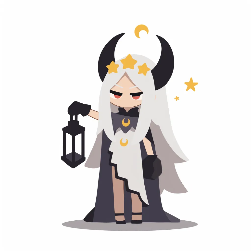 星冠を戴く闇のルナ｜黒い外套と月の紋様が荘厳で、ルナを静寂を司る女神として描写。冷ややかな表情とランタンが夜の深淵を象徴している。
