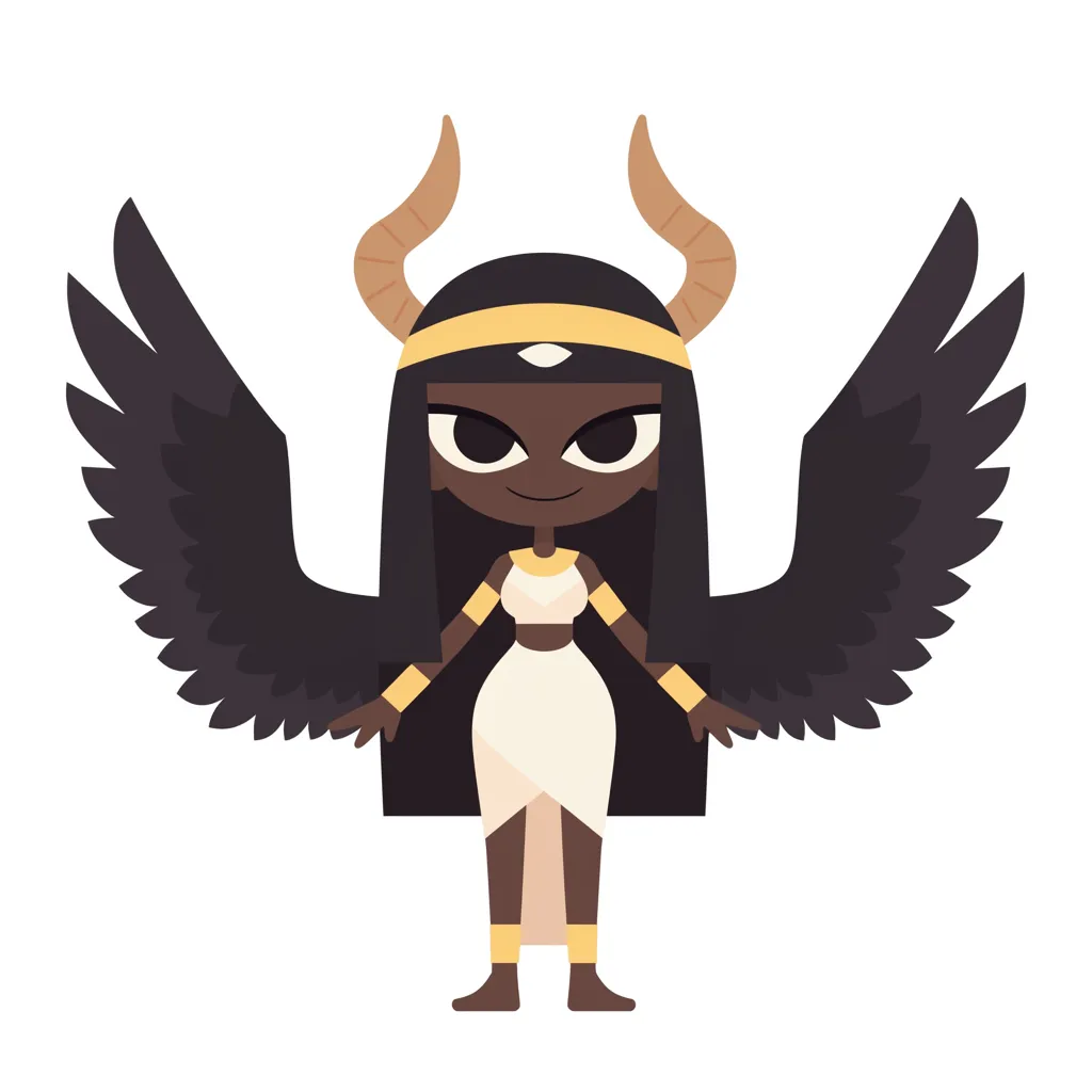 翼を広げる女神イシス｜黒い翼と優雅な白衣が神秘性を高め、額の紋章と角飾りが女神の象徴性を際立たせる。イシスの慈愛と威厳を調和させた造形である。