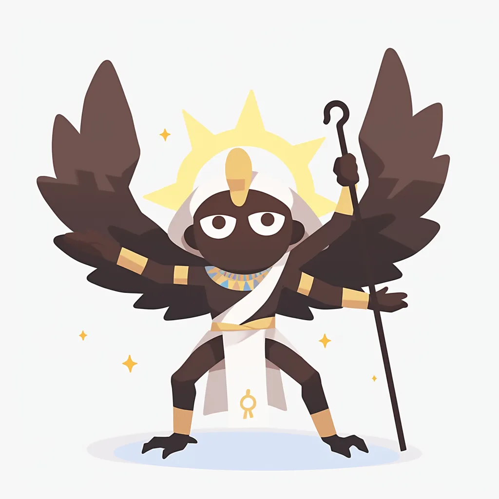 太陽を背負うホルス｜光輪の輝きを背にした姿は天空神としての威厳を表し、黒い翼と黄金の装飾が神聖さを強調する。ホルスの守護性を力強く描いている。