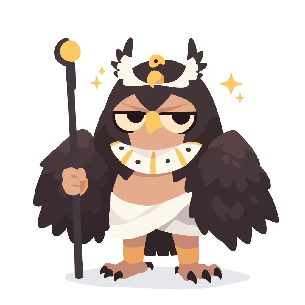 隼の顔を持つホルス｜堂々たる隼の面影と王冠が一体化し、威厳ある眼差しが特徴的。杖を手にした姿はホルスの支配力を象徴している。