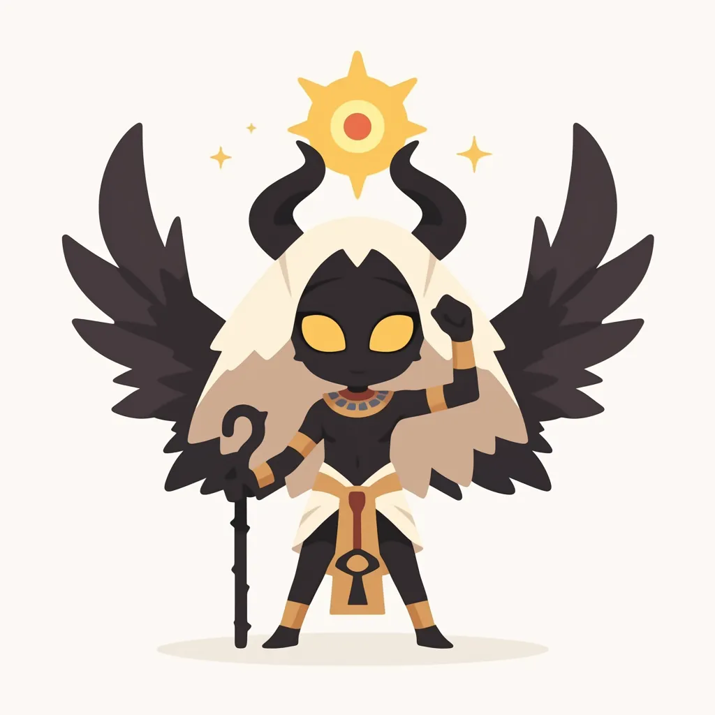 太陽の眼を宿すホルス｜黄金の瞳と頭上の太陽が強烈な神性を示す。黒と白のコントラストが天空と光を象徴し、ホルスの神話的力を鮮烈に表現している。