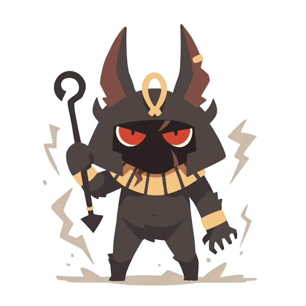 荒ぶる砂嵐のセト｜黒い装束と赤い眼差しが嵐を司る神の激しさを示し、稲妻の演出が荒々しい力を強調する。セトの破壊性を象徴した造形。